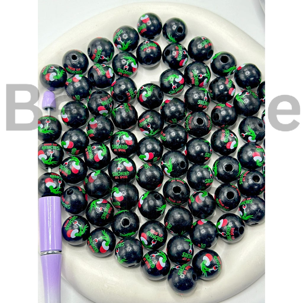 Green Monster Grinc Christmas Round Wood Beads, 16MM