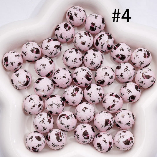 Printed Silicone Round Beads with Cute Black Cat with Bowknot, Light Pink 15MM