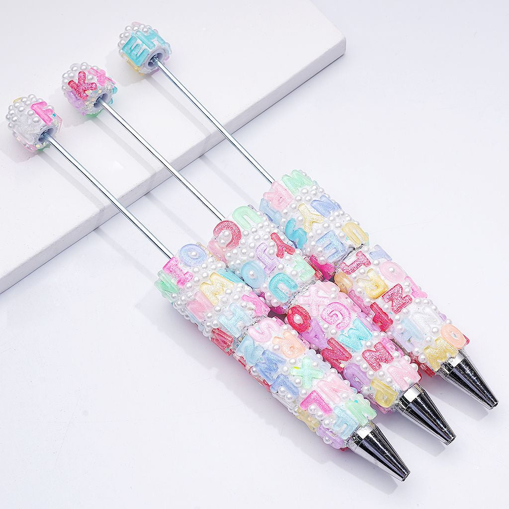Cute English Letters White Pearls Beadable Clay Pens, Random Mix