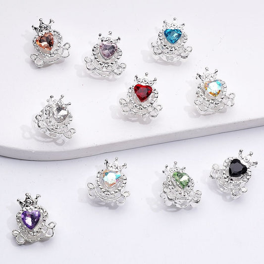 Mini Fancy Silver Alloy Heart with Crown Beads with Shiny Hearts Rhinestones, 14*16MM