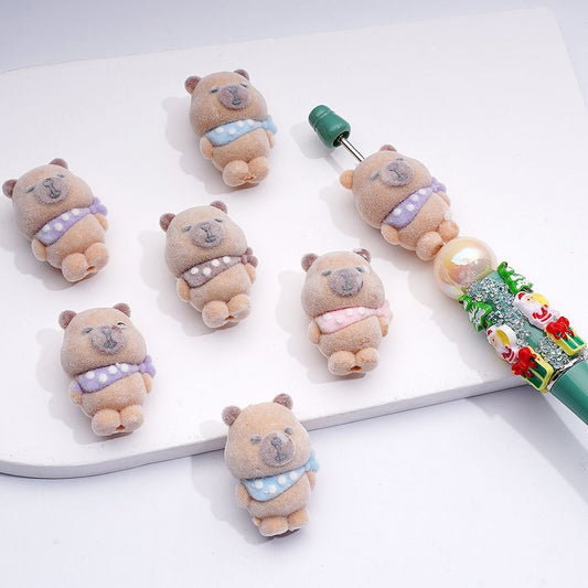 Acrylic Beads Flocked Cute Capybara with Scarf, 31*21MM, Random Mix