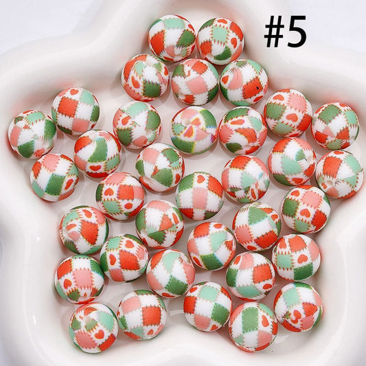 Printed Silicone Round Beads Red Green Small Clothing Patches Red Heart, White 15MM