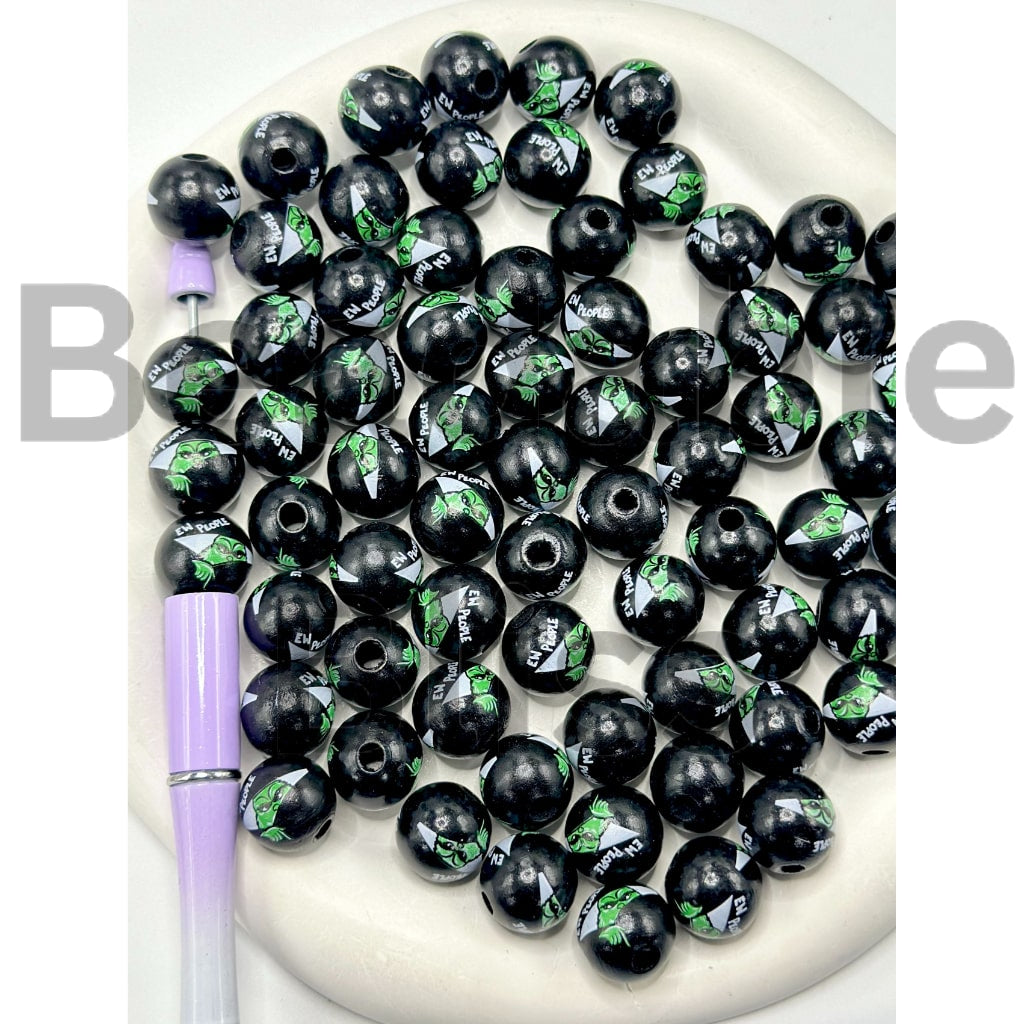 Green Monster Grinc Christmas Round Wood Beads, 16MM
