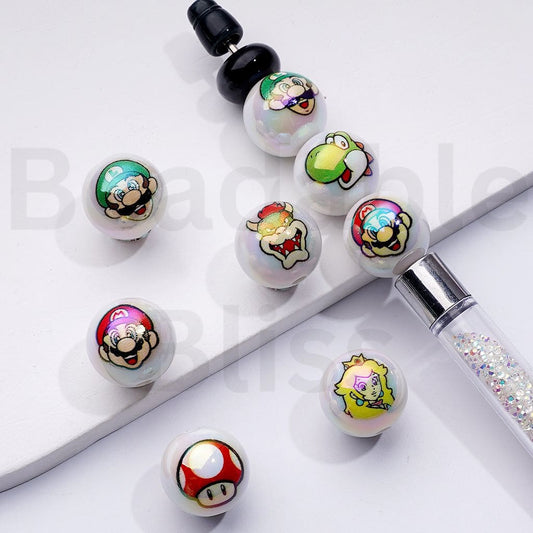 UV Coating Super Mari Cartoon Round Acrylic Beads, 16MM, Random Mix