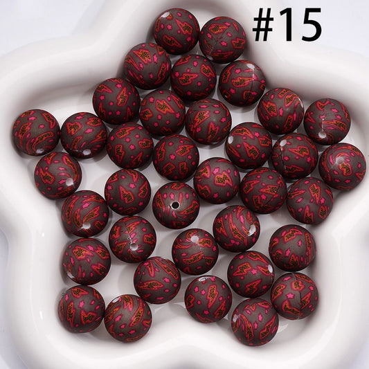 Printed Silicone Round Beads with Red Star Lightning, Dark Brown 15MM