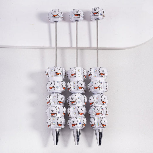 Beadable Clay Pens with Cute Sheep Wearing Orange Bib and AB Rhinestones
