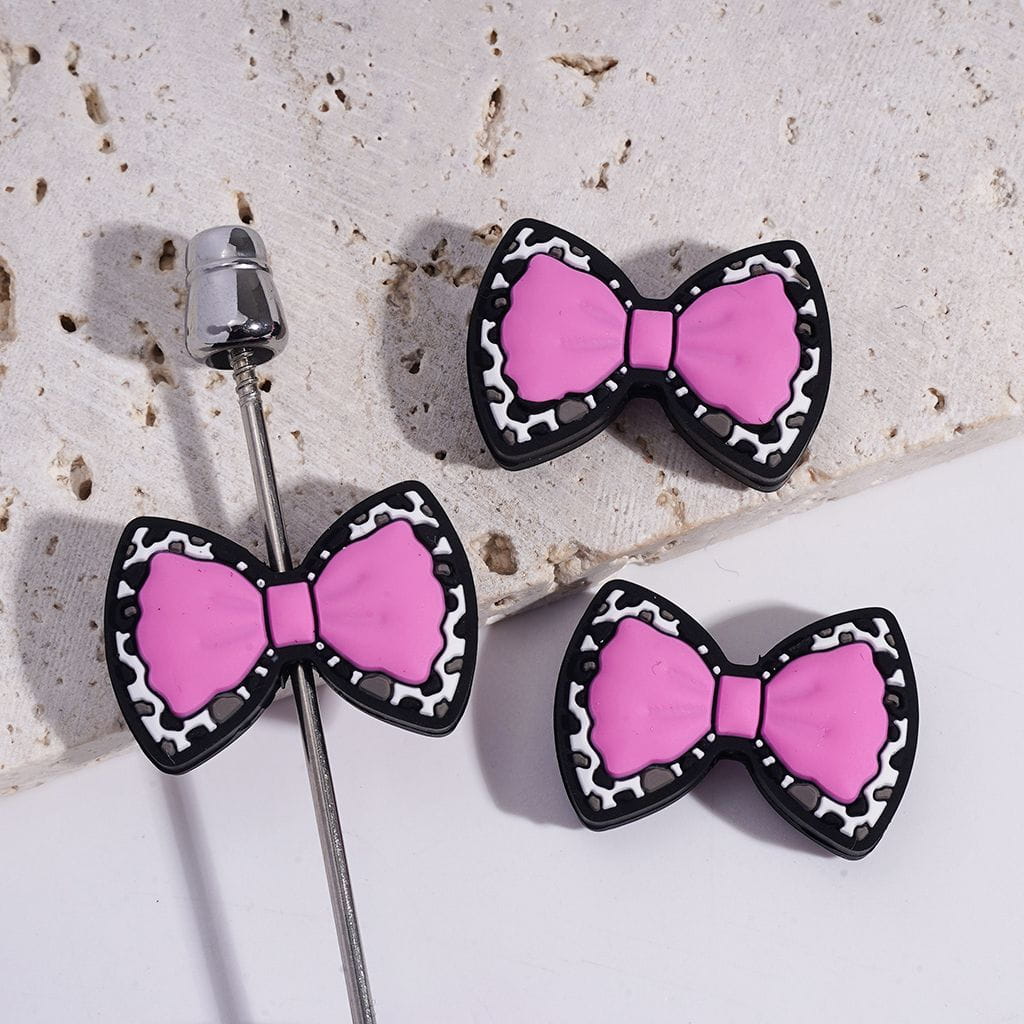 Silicone Focal Beads Two Layer Bowtie with Leopard Spots on Bottom, Multi-Color