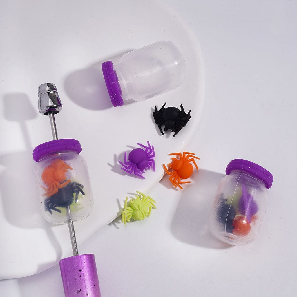 Soft Silicone Shaker Beads Bottle with Various Colors Lid, Small Spiders Embedded Inside Bottle, Small Size