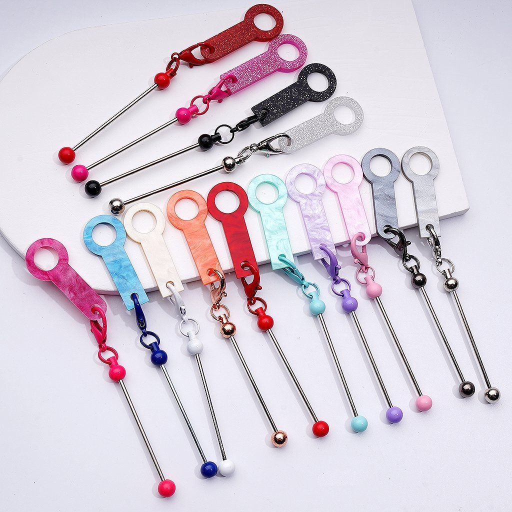 DIY Beadable Metal Bar for Keychain in Solid Color with Carabiner Hook Plastic Long Ring Hoop on Cup's Straw, 116MM