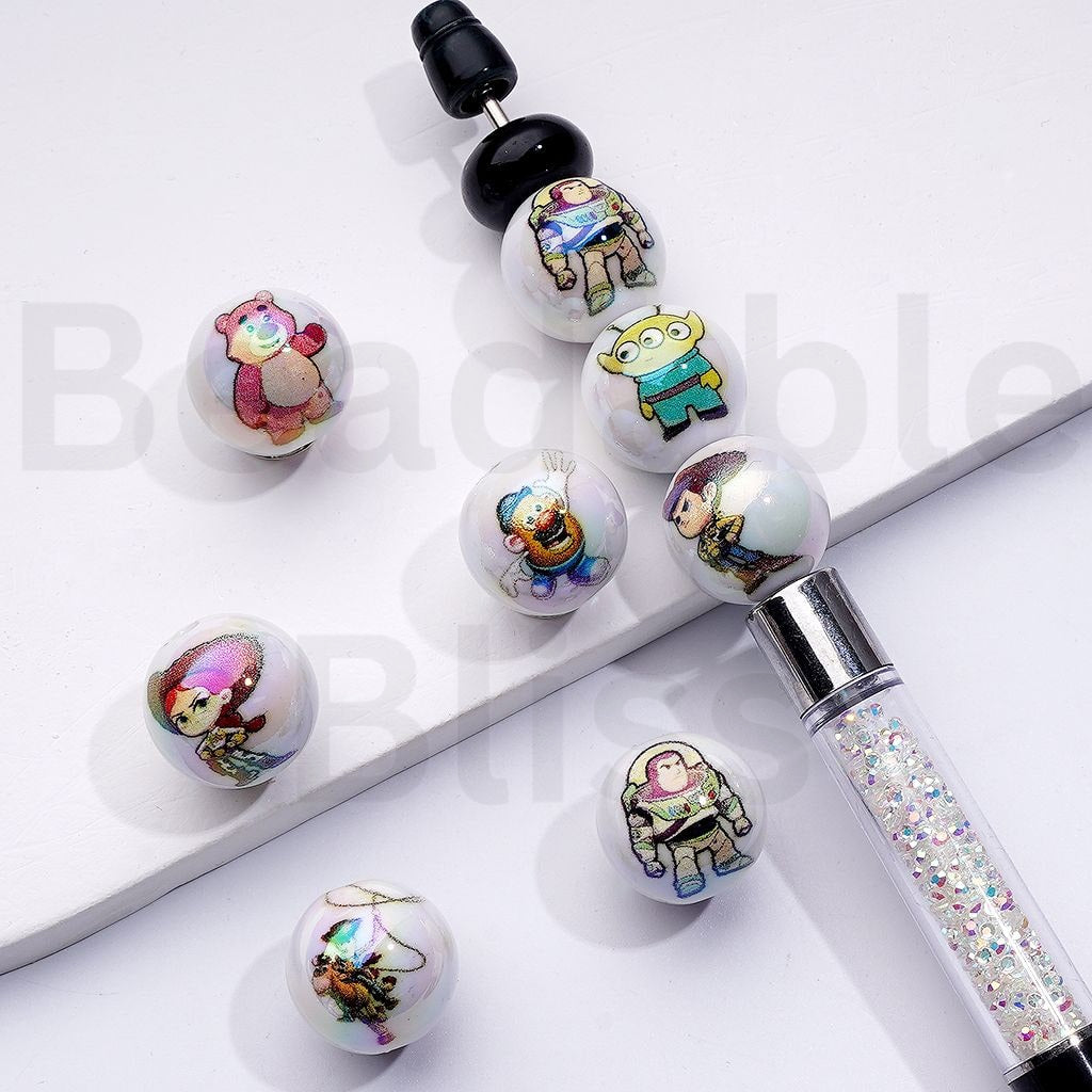 UV Coating Toy Stor Cartoon Round Acrylic Beads, 16MM, Random Mix
