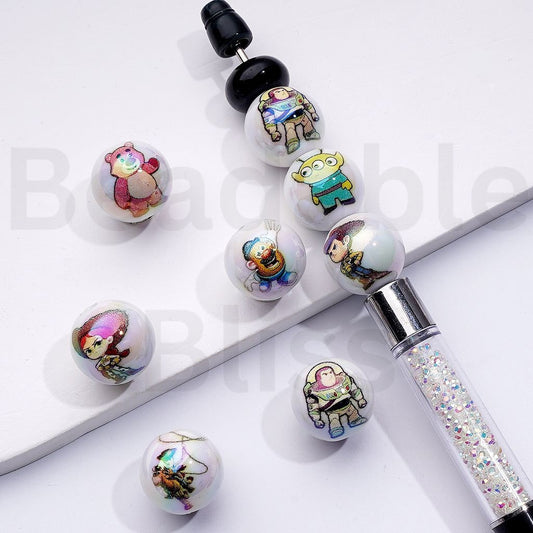 UV Coating Toy Stor Cartoon Round Acrylic Beads, 16MM, Random Mix