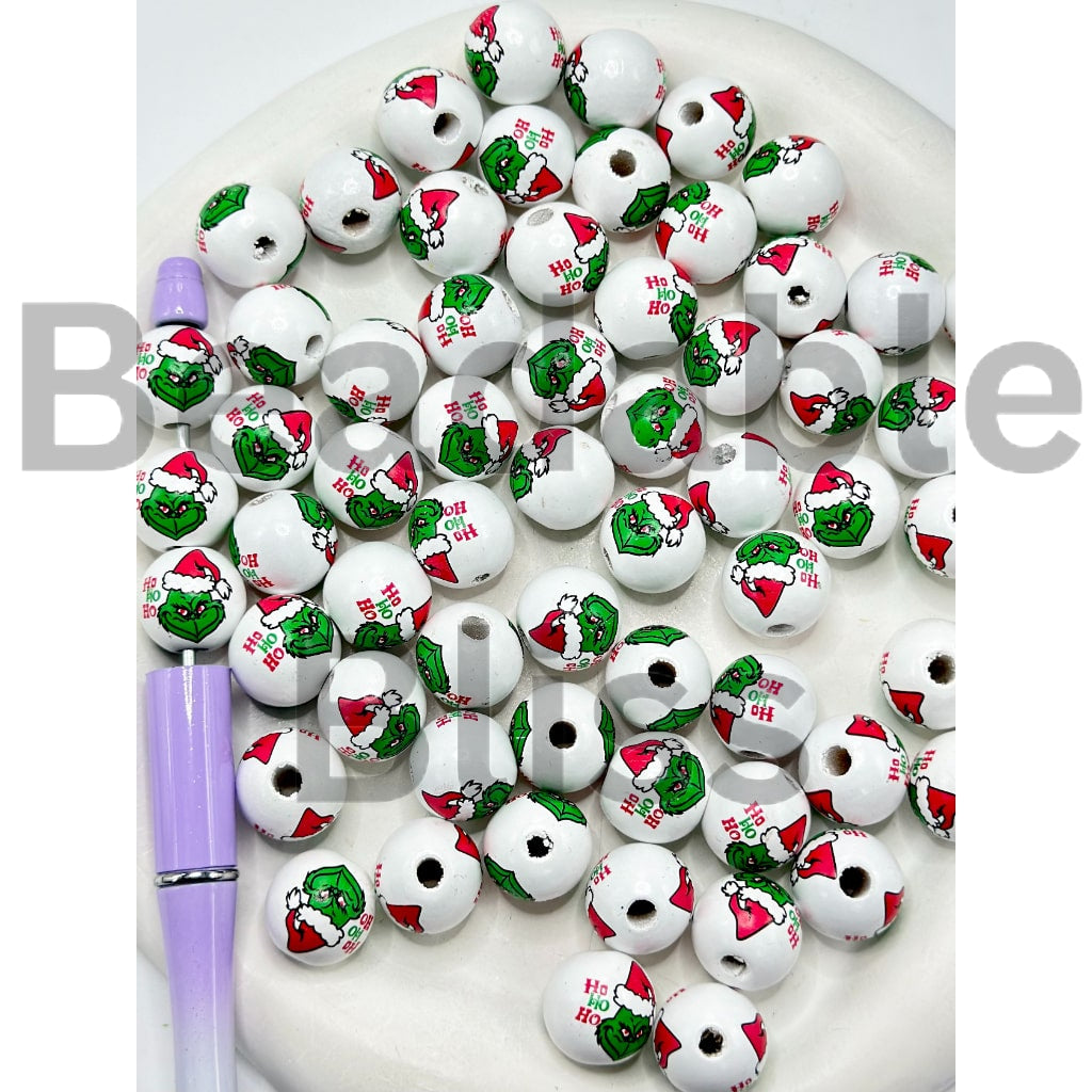 Green Monster Grinc Christmas Round Wood Beads, 16MM