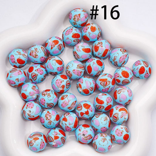 Printed Silicone Round Beads with Multi-Color Hot Air Balloon, Blue 15MM