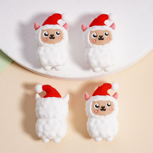 Silicone Focal Beads 3D Cute Sheep with Red Christmas Hat