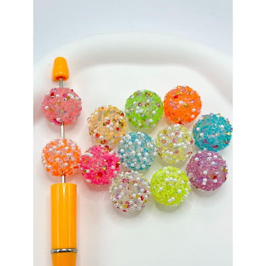 Luminous Sugar Acrylic Beads with Small White Pearls and Small Diamond Shape Rhinestones, 20mm, Random Mix Color