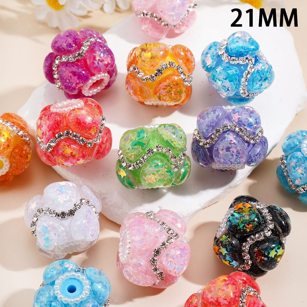Hand-Made Acrylic Beads w Star Sequin Heart Rhinestone, Wavy Shaped Clear Rhinestone & White Pearl Chains, 21MM, Random Mix