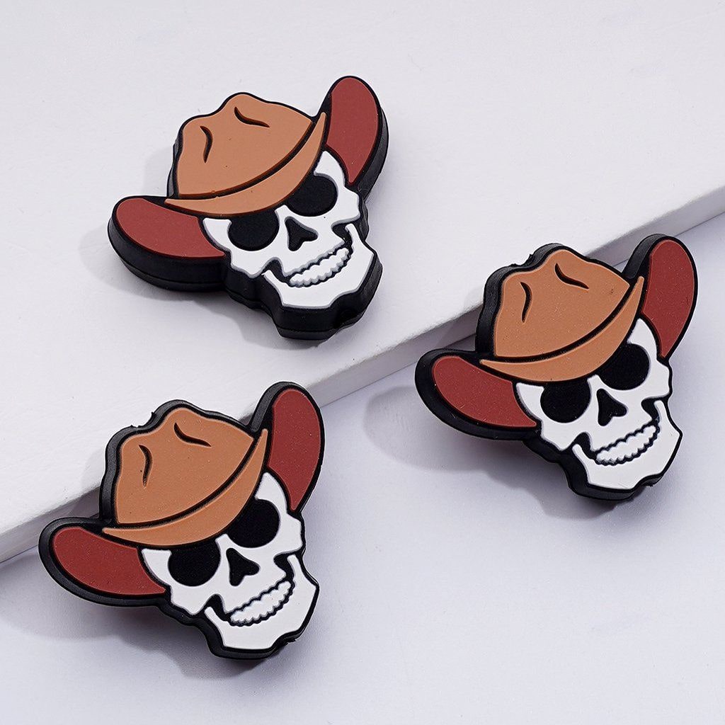 Horror Skeleton Skull Head with a Brown Cowboy Hat Silicone Focal Beads