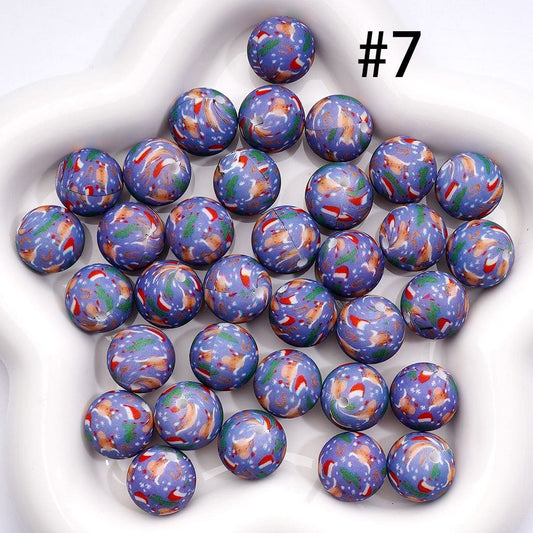 Printed Silicone Round Beads Christmas Series Cereus Cow Head Chrismas Hat Purple, 15MM