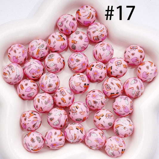 Printed Silicone Round Beads with Flower Strawberry Mushroom Star Roller Skates , Pink 15MM