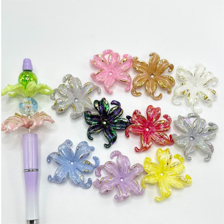 Large Size Various Bright Colors Flowers with Six Petals and Gold Color Stripe Paint Acrylic Beads, Random Mix Color, 40MM, Please Read Description