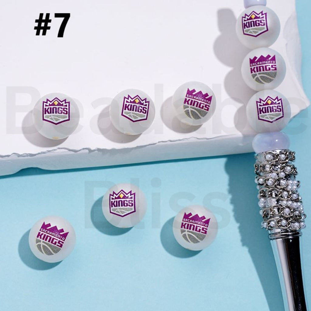 USA America Basketball Teams Sacramento Kin NB Sports Frosted Matt White Round Acrylic Beads, Random Mix, 16MM