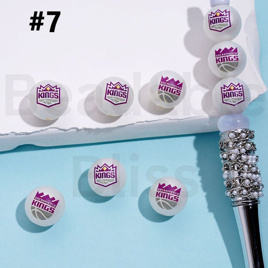 USA America Basketball Teams Sacramento Kin NB Sports Frosted Matt White Round Acrylic Beads, Random Mix, 16MM