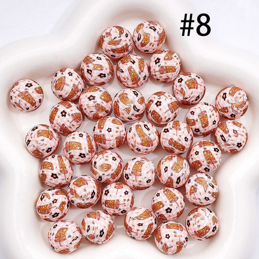 Printed Silicone Round Beads with Drink Cup Black Flower Pink Plaid, White 15MM
