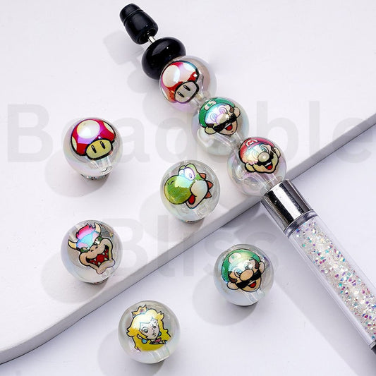 UV Coating Cute Super Mari Cartoon Clear Round Acrylic Beads, 16MM, Random Mix