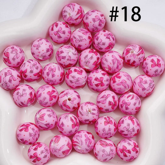 Printed Silicone Round Beads with Pink Bowknot Star, Mini Pink 15MM