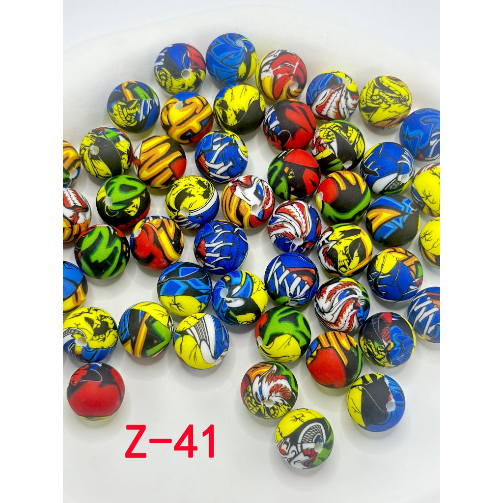 Beadable Patterns Multi-Color Patterns with Abstarct Design Round Printed Silicone Beads ...