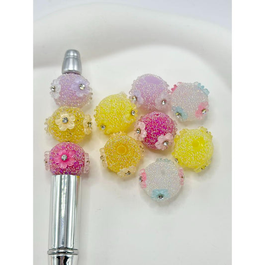 Hard Sugar Acrylic Beads in Solid Colors with Small AB Color Rhinestones and Small Flowers with Diamond, 14mm, Random Mix