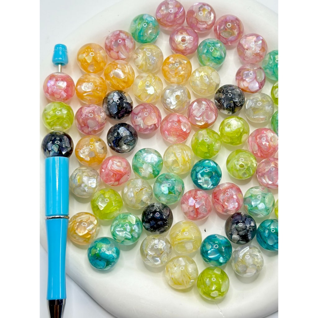 アクリル樹脂ビーズ、樹脂とアクリルビーズのミックス、貝殻デザイン、ラウンド、16mm