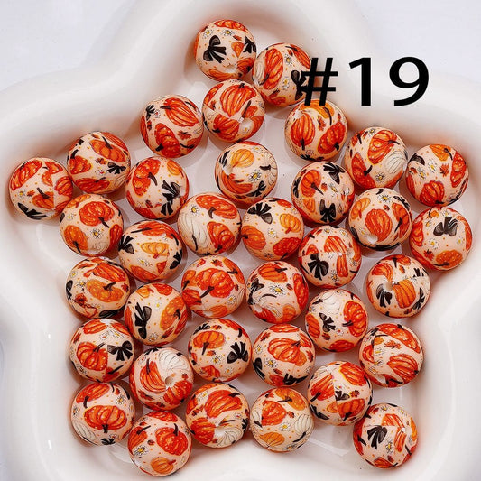 Printed Silicone Round Beads with Orange Pumpkin Black Bowknot Flower Star, Beige 15MM
