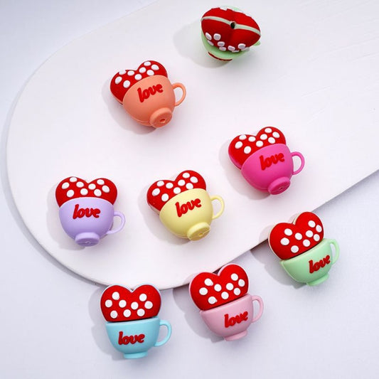 3D Cute Love Cups Red Hearts with White Spots Inside Silicone Focal Beads
