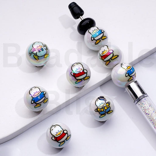 UVコーティング かわいいアヒル ペクルサンリ ホワイト ラウンドアクリルビーズ 16MM ランダムミックス