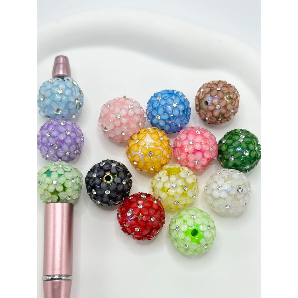 Solid Color Acrylic Beads with Small Flowers and Bumpy Clear Rhineston ...