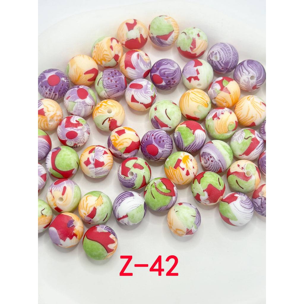 4 Color Bead Patterns Four Different Colors Patterns Stripes Round Printed Silicone Beads 15 ...