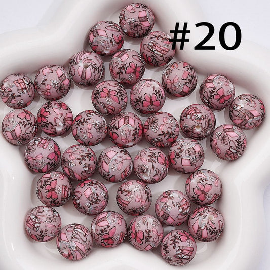 Printed Silicone Round Beads with Pink Butterfly Bowknot  Flower Book, Light Purple, 15MM