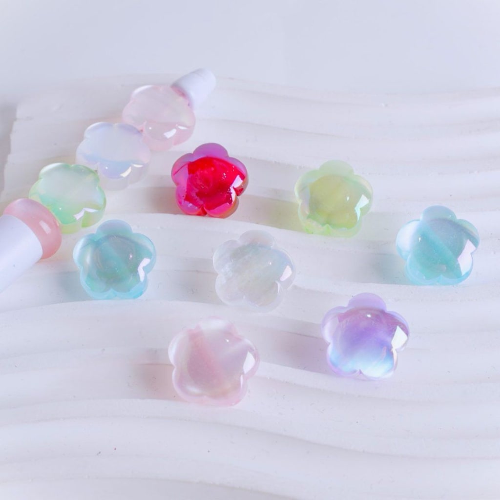 UV Coating Cat Eye Colorful Flowers Acrylic Beads, Around 16MM, Random Mix