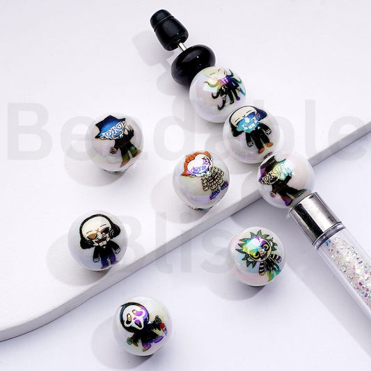 UV Coating Horror Series White Round Acrylic Beads, 16MM, Random Mix