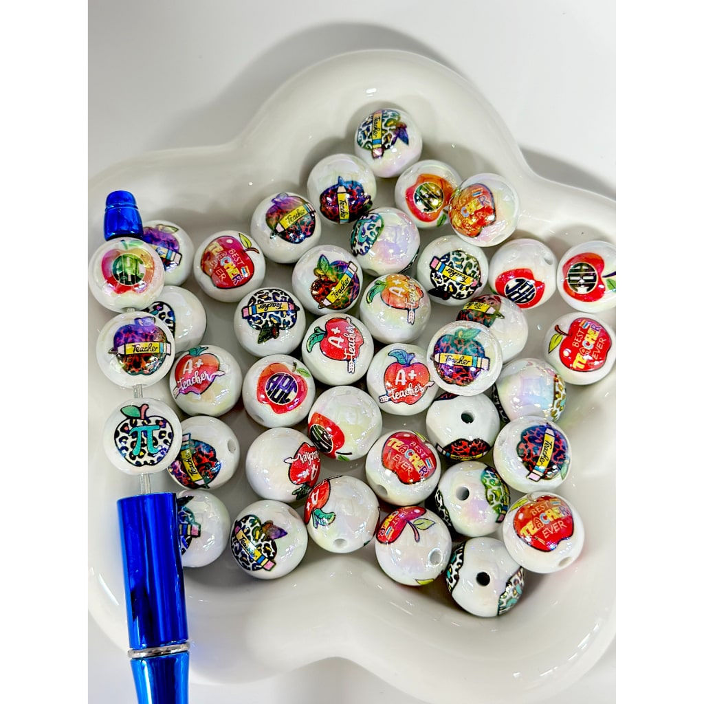 UV Finish Teacher Apple ABC White Round Acrylic Beads, Random Mix, 16MM