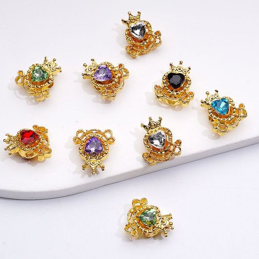 Mini Fancy Gold Alloy Heart with Crown Beads with Shiny Hearts Rhinestones, 14*16MM