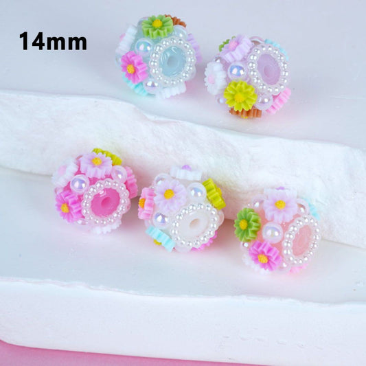 Candy Color Round Acrylic Beads with Mini Colorful Flowers White Pearls Loop, 14MM, Random MIx