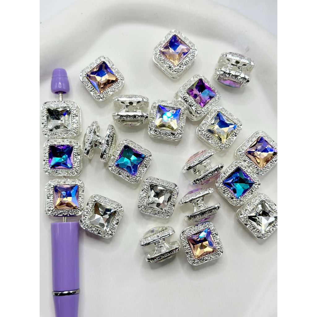 Double Layer Square Silver Alloy Bead with Rhinestone, Random Mix,  16MM