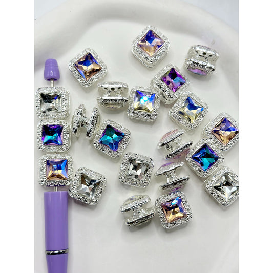 Double Layer Square Silver Alloy Bead with Rhinestone, Random Mix,  16MM