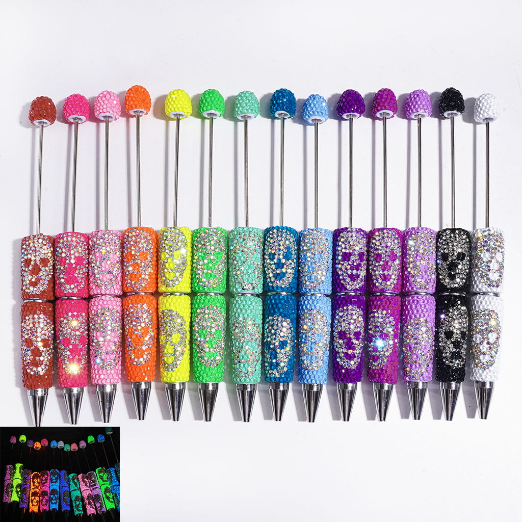 Luminous Beadable Clay Pens with Skull Head Shaped AB Rhinestones Covered the Entire Pen, Halloween Theme, Multi-Color