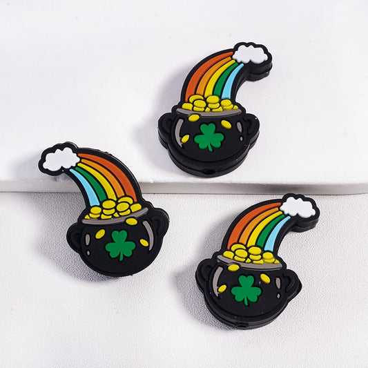 Silicone Focal Beads Clover Pattern Gold Coin Cauldron and Rainbow St. Patrick's Day