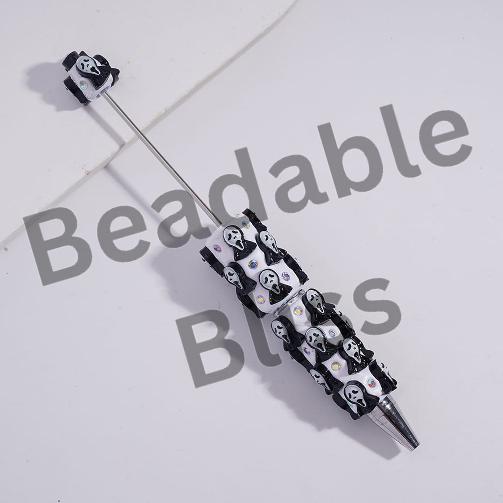 Beadable Clay Pens with Horror Mask on White and Black Background, AB Rhinestones
