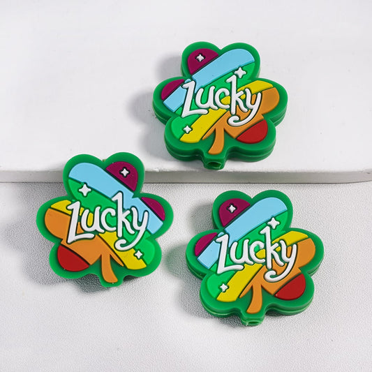 Silicone Focal Beads Colorful Clover with Text "Lucky" St. Patrick's Day