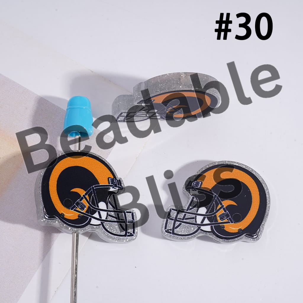Acrylic Beads USA American Football Team Helmet Series, with Silver Glitter, 22*26MM